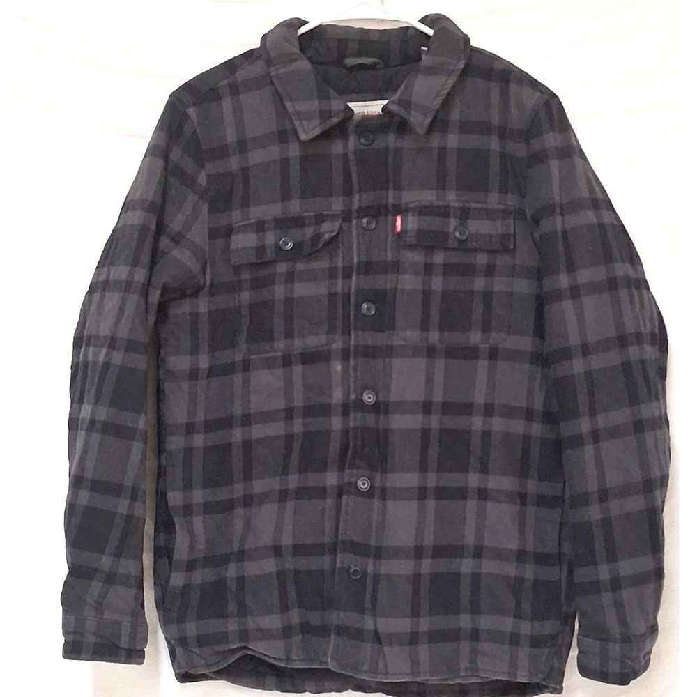 Levi Strauss Men's Quilted Shirt Jacket Dark Gray Navy Plaid Cotton SZ S